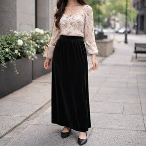 Vintage 90s T.R. Bentley Black Velvet Maxi Skirt Whimsygoth Romantic Size Small